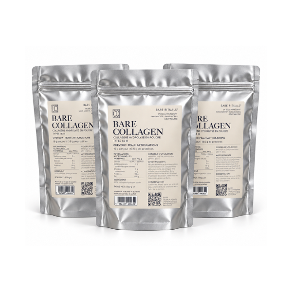 Lot de 3 sachets Bare Collagen de Bare Rituals, collagène hydrolysé en poudre types I & III.