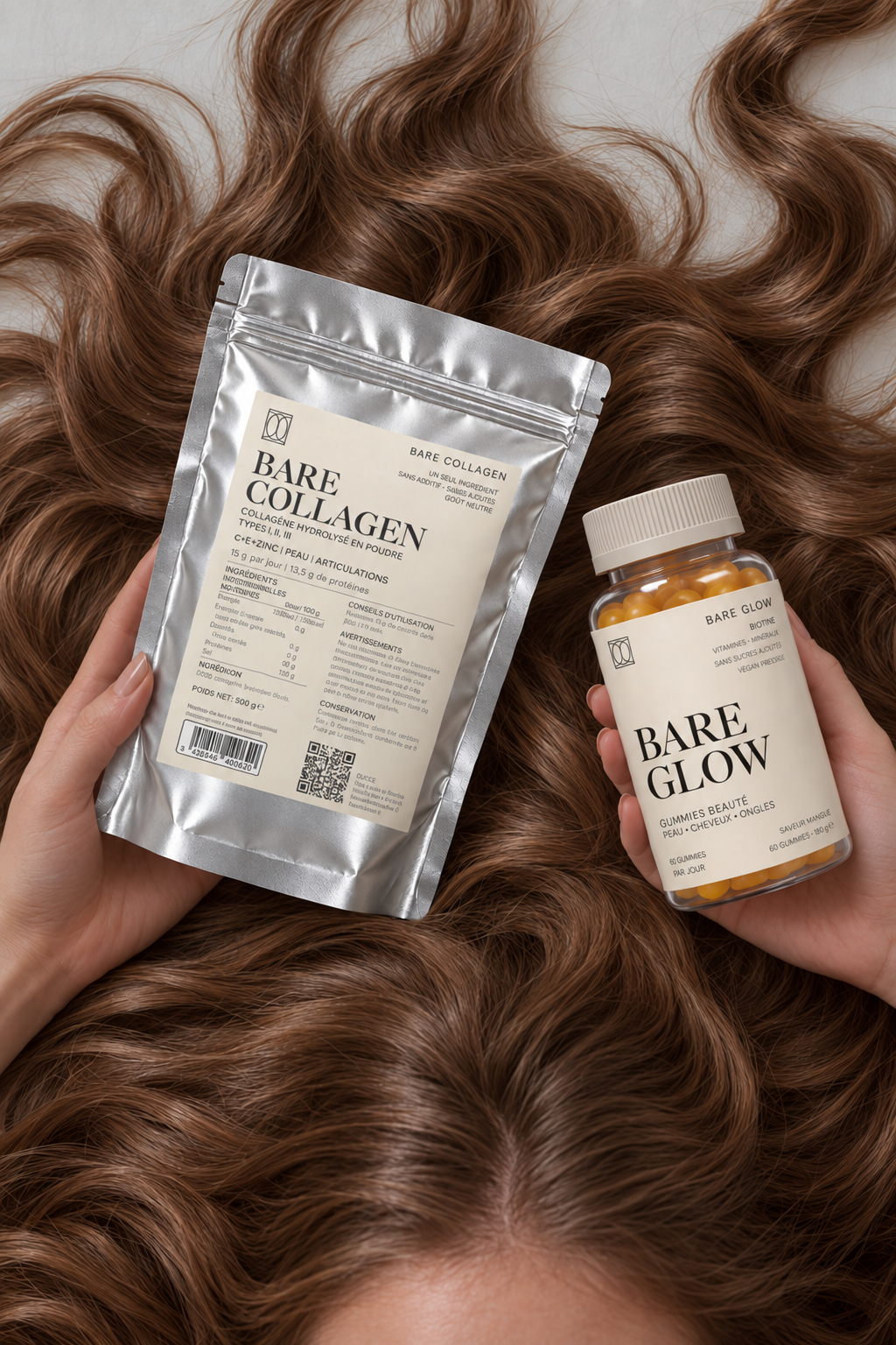 Image retouchée avec BARE COLLAGEN et BARE GLOW en capitales